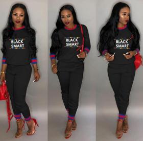 Fashion Letters Printed Women Long Sleeves Cotton Sets Black H1062
