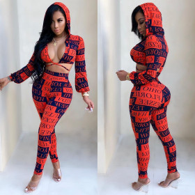 Bodycon Outfits Hooded Bandage Top Printing Skinny Pants KA7033