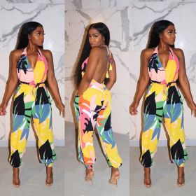 Sexy Printed Suspenders V-Neck Backless Jumpsuit KA7099
