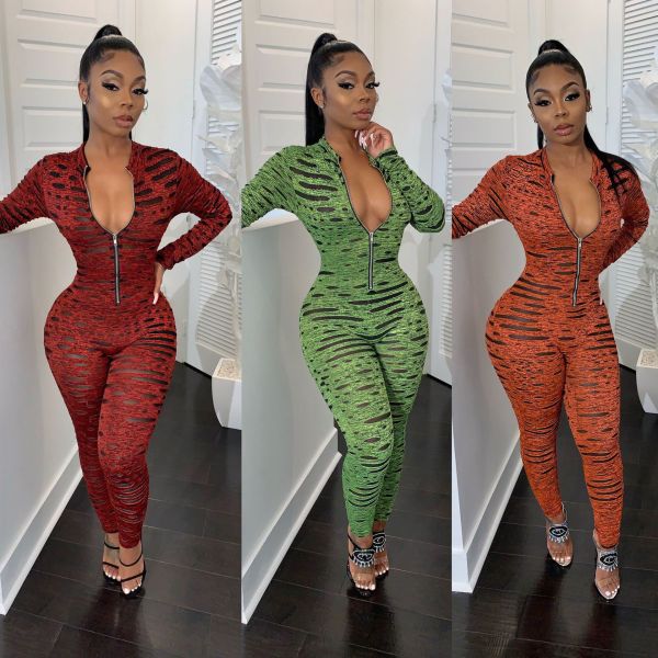Reasonable Price 3 Colors Zip Up Bodycon Printing Jumpsuit HR8073