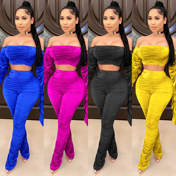 Sexy Solid Color Off Shoulder Flared Sleeves Backless Mini Top With Trousers Pleated Two Piece Set X