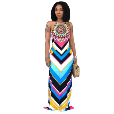 National Style Mid Waist Spaghetti Strap Maxi Dress D8263