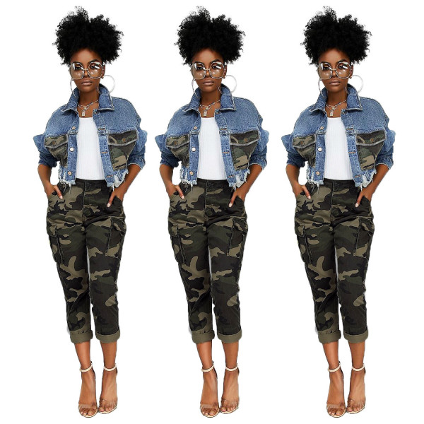 Trendy Slit Button Down Camouflage Splicing Slim Jacket SMR9526