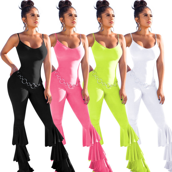 Solid Color Bodycon Female Condole Belt Flares Jumpsuit Q309