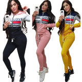 Letter Front Print Hoodie Solid Pencil Pants Drawstring Fashion Sets DN8354