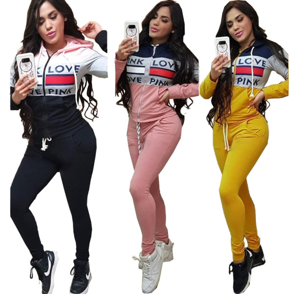 Letter Front Print Hoodie Solid Pencil Pants Drawstring Fashion Sets DN8354