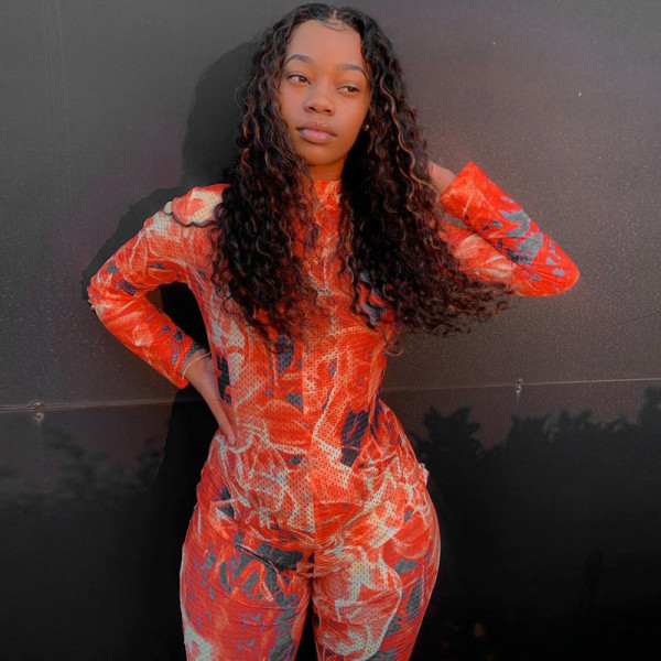 Sexy Tie Dye Printed Round Neck Long Sleeves Bodycon Jumpsuit P082819W