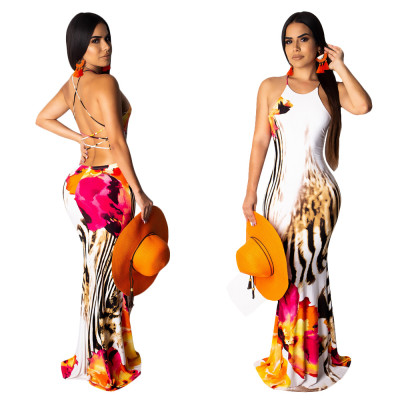 Backless Bodycon Flower Printing Halter Neck Maxi Dress SN3559