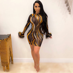 Sexy Mesh Striped Flared Sleeves Bodycon Mini Dress MA6611