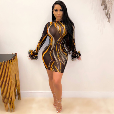 Sexy Mesh Striped Flared Sleeves Bodycon Mini Dress MA6611
