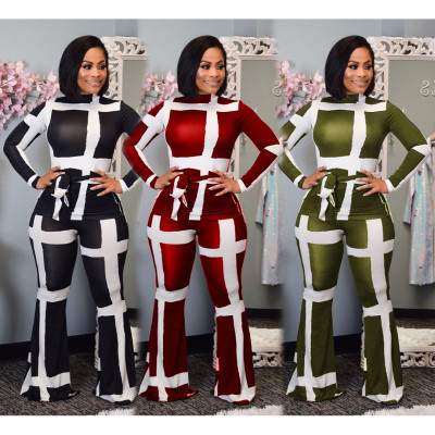 Leisure Winter Printed Sets Tied Slim T-Shirt Wide Leg Pants HHM6178