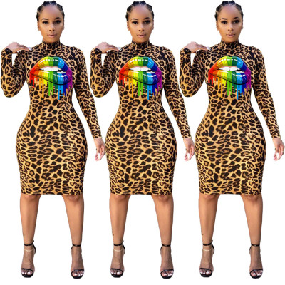 Online Sale High Neck Leopard Lips Print Bodycon Midi Dress DN8319
