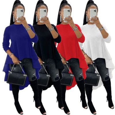 Plain Color Irregular Round Neck Long Sleeve Ruffled Top X9217