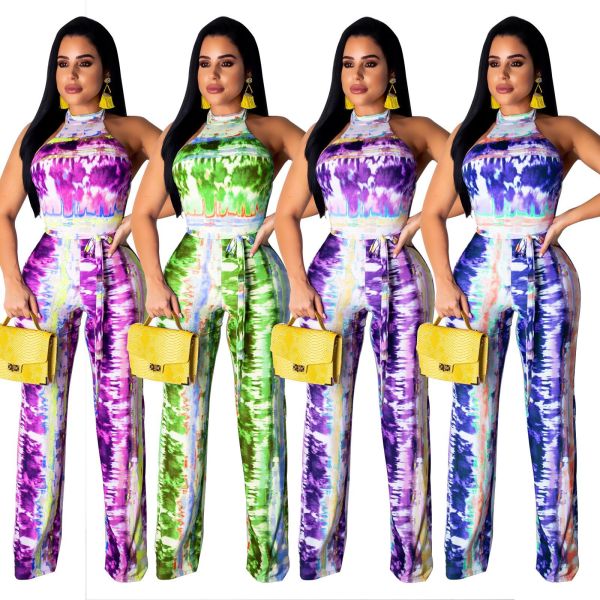 Office Ladies Sleeveless Tie-Dye Bandage Jumpsuit LA3095