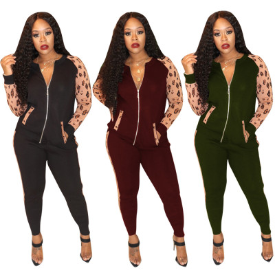 Online Sale Zip Up Leopard Printing Splicing 2 Pieces Outfits HM5276