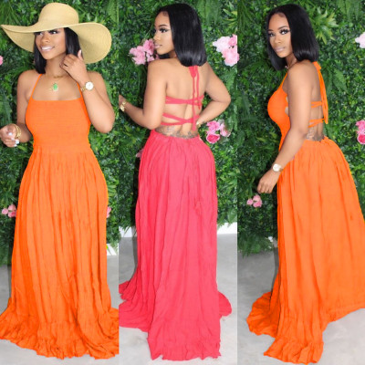 Sexy Suspenders Backless Pleated Holiday Style Long Dress