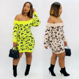 Autumn Winter Slim Bodycon Flat Shoulder Printing Dress H1239