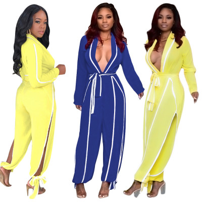 Hot Sale Bandage High Split Deep V Neck Long Jumpsuit SN3611