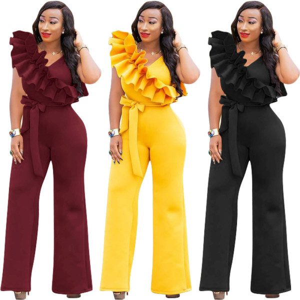 Pure Color Sleeveless Ruffle Wide Leg Jumpsuit OEP5300