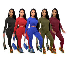 Casual Solid Color Round Neck Long Sleeves T-Shirt With Pleated Trousers Two Piece Set BNY7126
