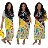 Trendy Short Sleeves Printing Long Dress For Women YM8031