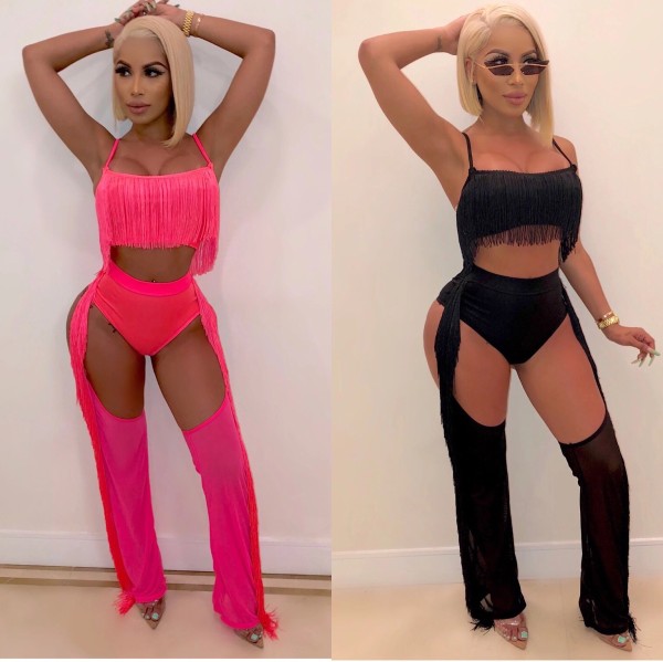 Condole Belt Crop Top Unique Pants Hot Sexy Plain Color Tassel Suits MS1040