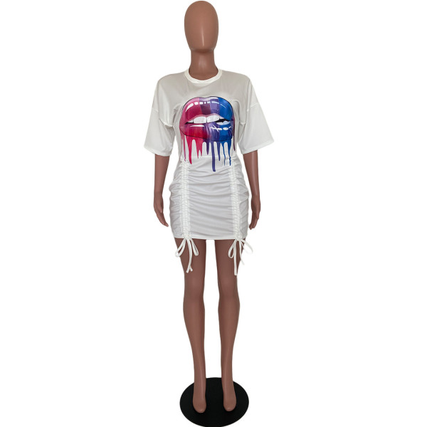 Sexy Lips Printed Round Neck Short Sleeves Drawstring Mini Dress LJ6016