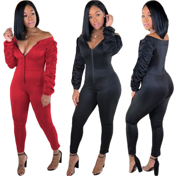 Pure Color Zipper Slim Jumpsuits OG9093