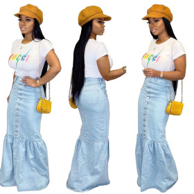 Casual Bottoms Oversize Buttons Skinny Denim Long Fishtail Skirts SMR9508
