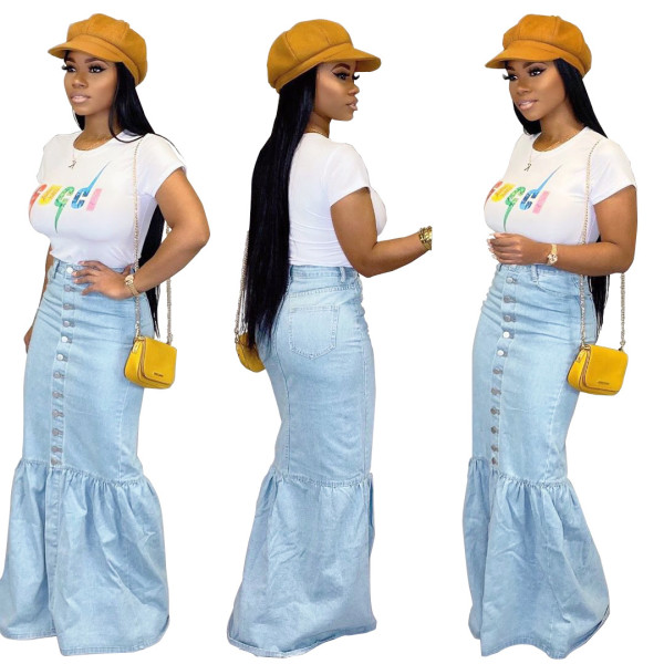 Casual Bottoms Oversize Buttons Skinny Denim Long Fishtail Skirts SMR9508