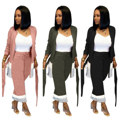 Newest Color Block Hot Outfits Cardigan Coat Straight Pants LD8608
