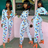 Fashion Butterfly Printed Zipper V-Neck Long Sleeves Bodycon Jumpsuit BN109
