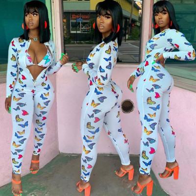 Fashion Butterfly Printed Zipper V-Neck Long Sleeves Bodycon Jumpsuit BN109