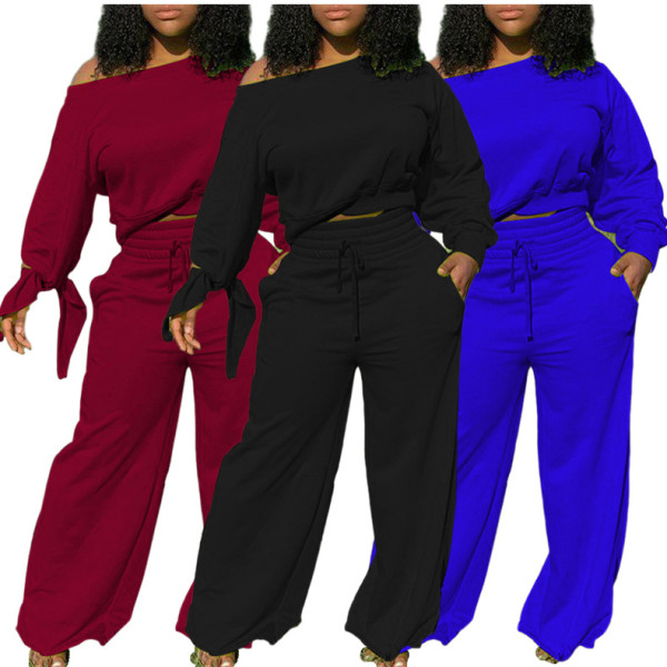 Sexy Solid Color Off Shoulder Long Sleeves Mini Top With Drawstring Trousers Two Piece Set TY1872