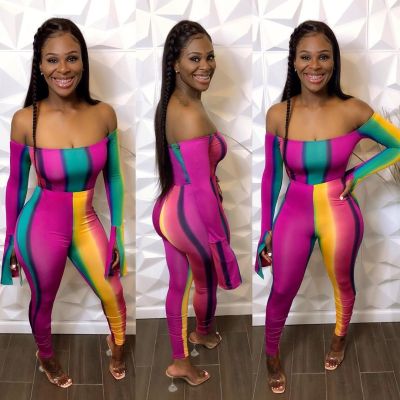 High Waist Thin Pants Long Sleeve Gradient Stripe Digital Printing QLKG52