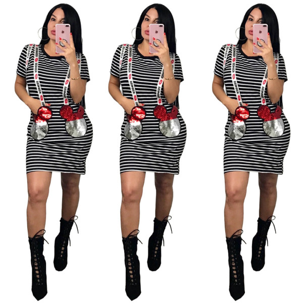 Cheap Slim Fitting Stripe T-Shirt Dress With Sequined Pockets OMY5008