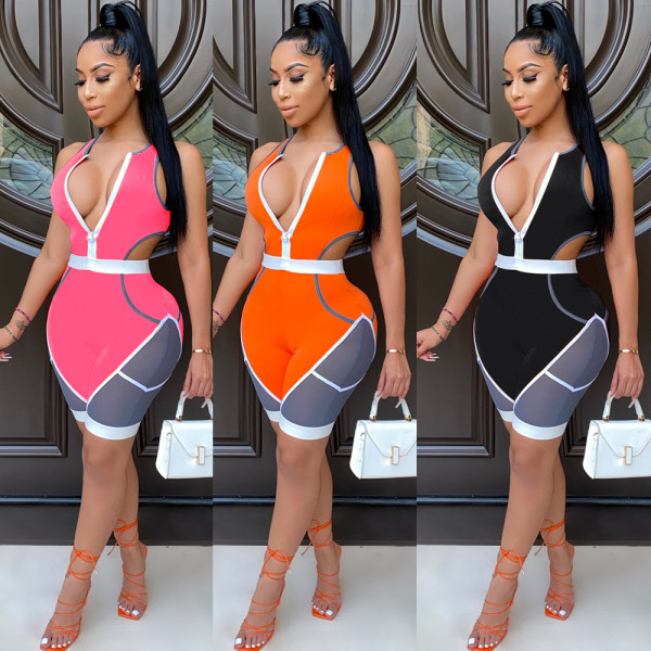 Sexy slim-fit zipper mesh see-through color-blocking jumpsuit KA7120