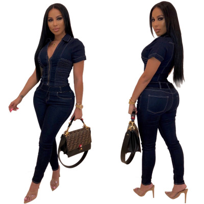 Stylish  Ladies Jeans Zip Up Skinny Jumpsuit LA3091
