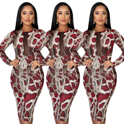 Latest Women Bodycon Snake Print Long Sleeve Pencil Dress ED8158