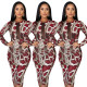 Latest Women Bodycon Snake Print Long Sleeve Pencil Dress ED8158