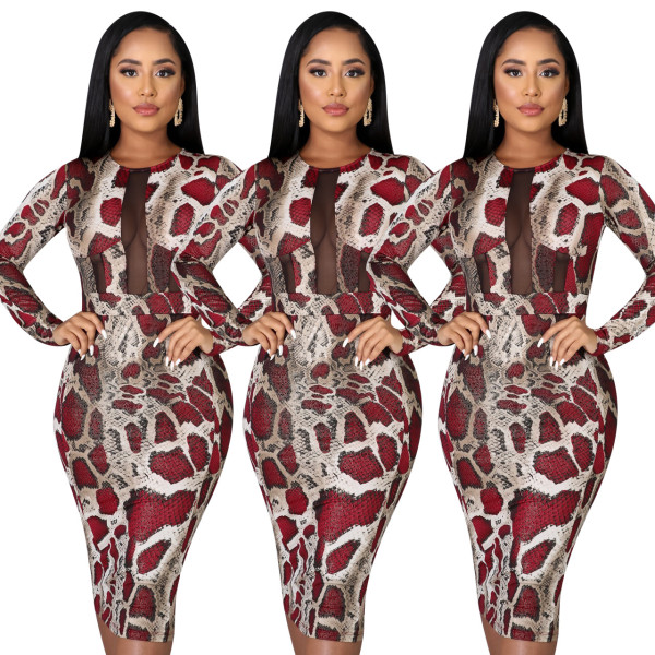 Latest Women Bodycon Snake Print Long Sleeve Pencil Dress ED8158