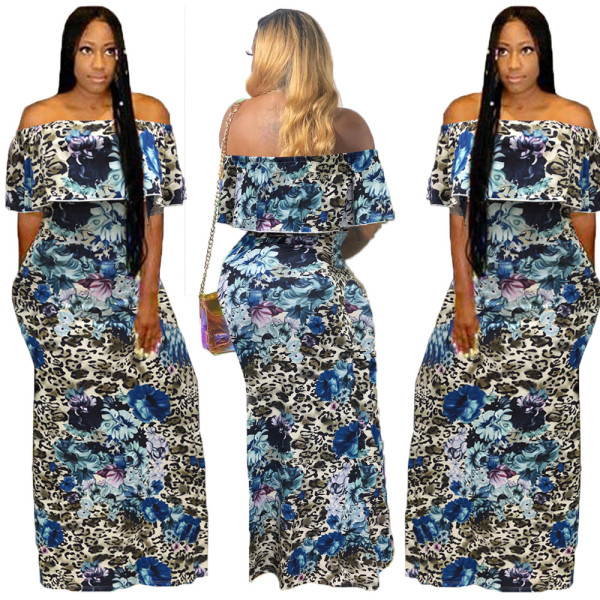 Hot Flower Printing Ruffle Overlay Off Shoulder Maxi Dress OMY5127