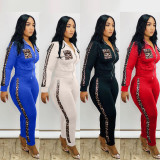 Zipper Stand Collar Coat Tight Pants Leopard Print Patchwork Casual Sets HHM6180