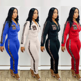 Zipper Stand Collar Coat Tight Pants Leopard Print Patchwork Casual Sets HHM6180