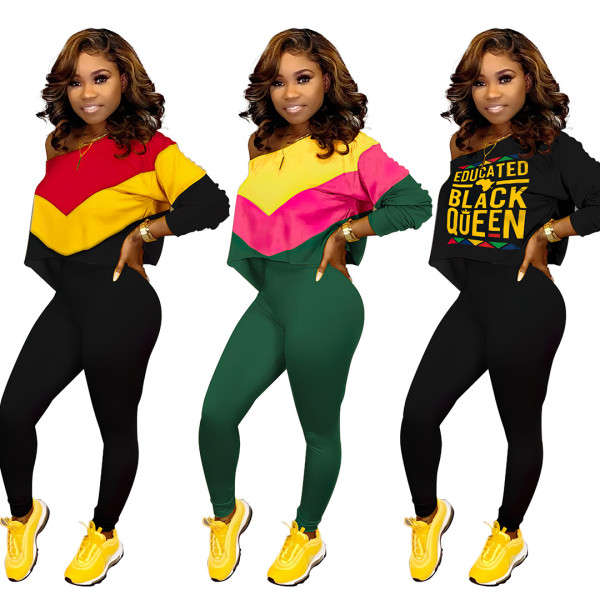 Oblique Shoulder Top Solid Color Pants Women Sport Sets SY6661