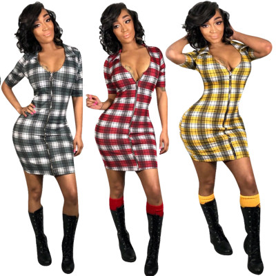 Short Sleeves Zipper Plaid Bodycon Mini Dress H1112