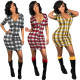 Short Sleeves Zipper Plaid Bodycon Mini Dress H1112