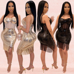 Women's sexy sequined camisole dress tassel nightclub skirt XZ3390