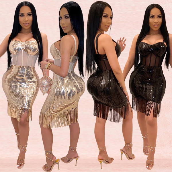 Women's sexy sequined camisole dress tassel nightclub skirt XZ3390