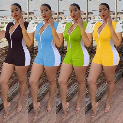 Fashion casual trend solid color stitching zipper slim short-sleeved sports jumpsuit SM9085